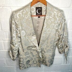 Credibility by Sheri Drobnick Embroidered Ribbed Silver Tie Front Blazer sz 8